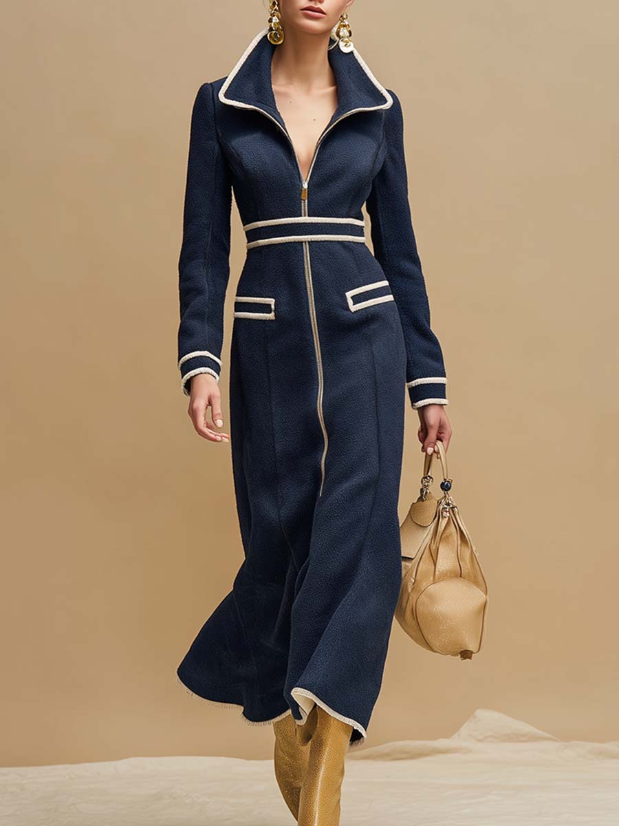 Temperamental And Fashionable Lapel Front Zipper White Trim Dark Blue Polar Fleece Midi Dress