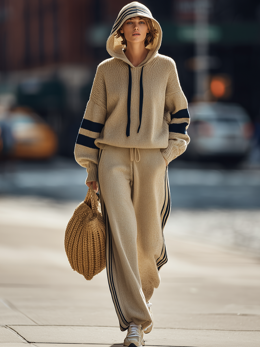 Retro Sport Hooded Sweater And Wide-Leg Pants Set