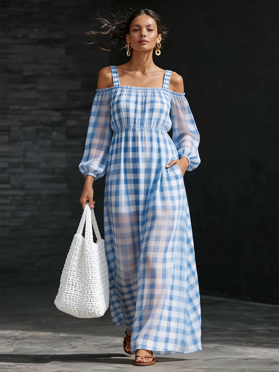 Retro Blue Plaid Chiffon Print Off Shoulder Maxi Dress