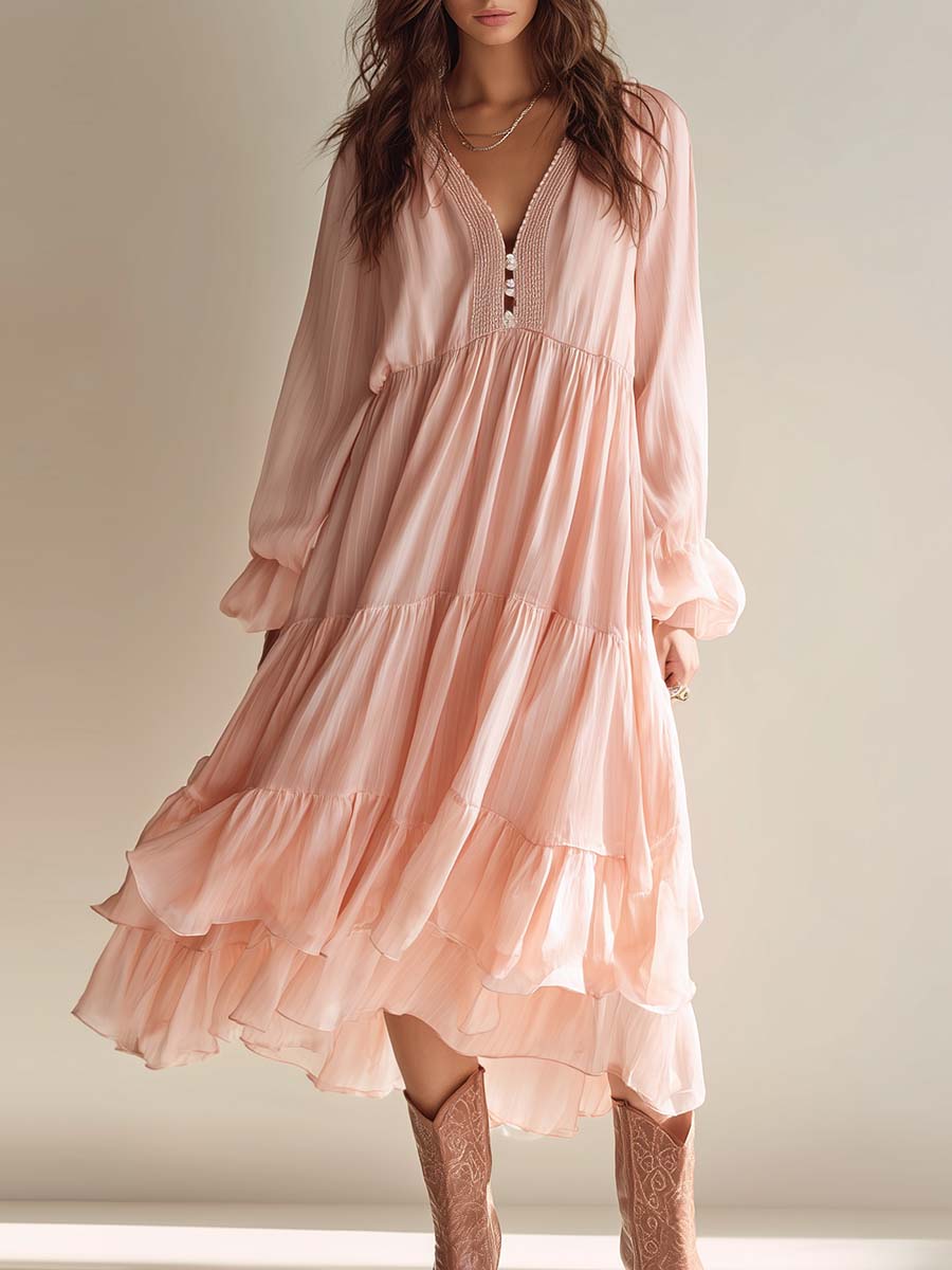 Elegant Vintage Flowing V-neck Puff-hem Light Pink Chiffon Midi Dress