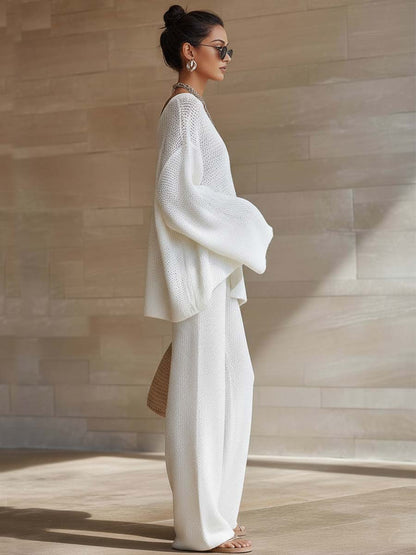 Lazy And Breathable Urban White Openwork Knit Top And Pants Set