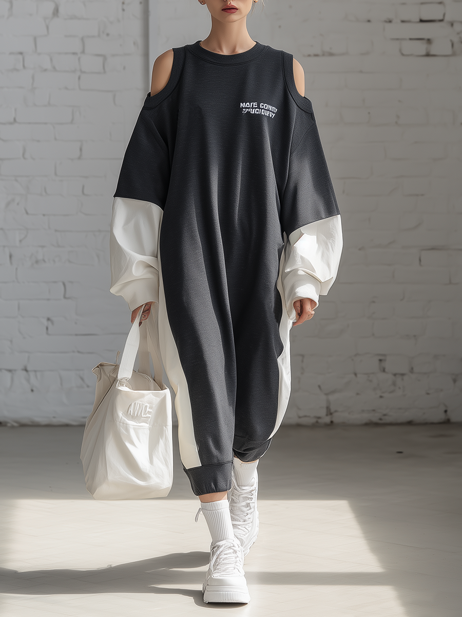 Stylish Simple Loose-fitting Long-sleeved Off-the-shoulder Contrasting Color Embroidery Jumpsuit