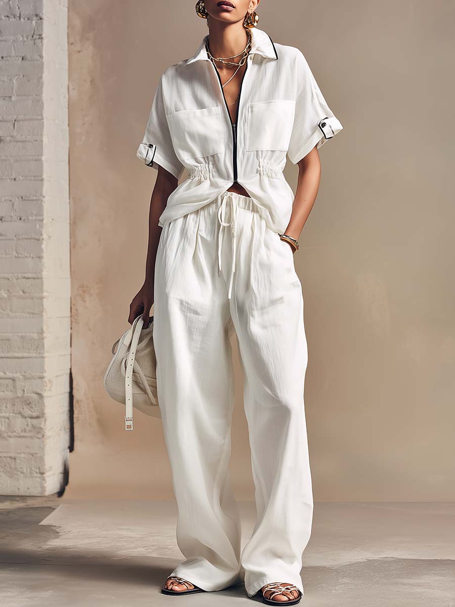 Elegant And Casual Urban Style Front Zipper White Cotton Top And Pants Set