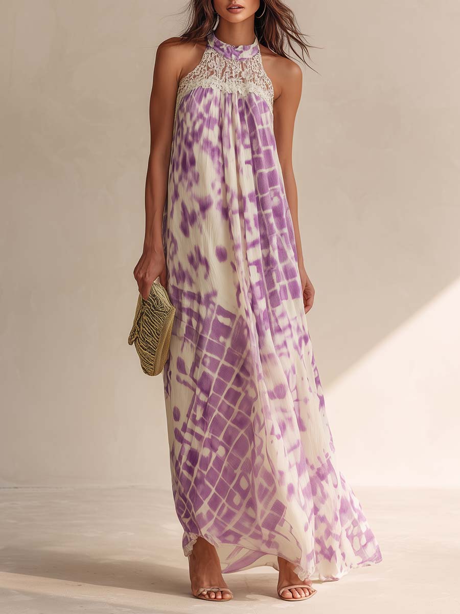 Elegant Fashion Round-neck Sleeveless Light Purple Tie-dye Pattern Printed Off-white Chiffon Maxi Dress.