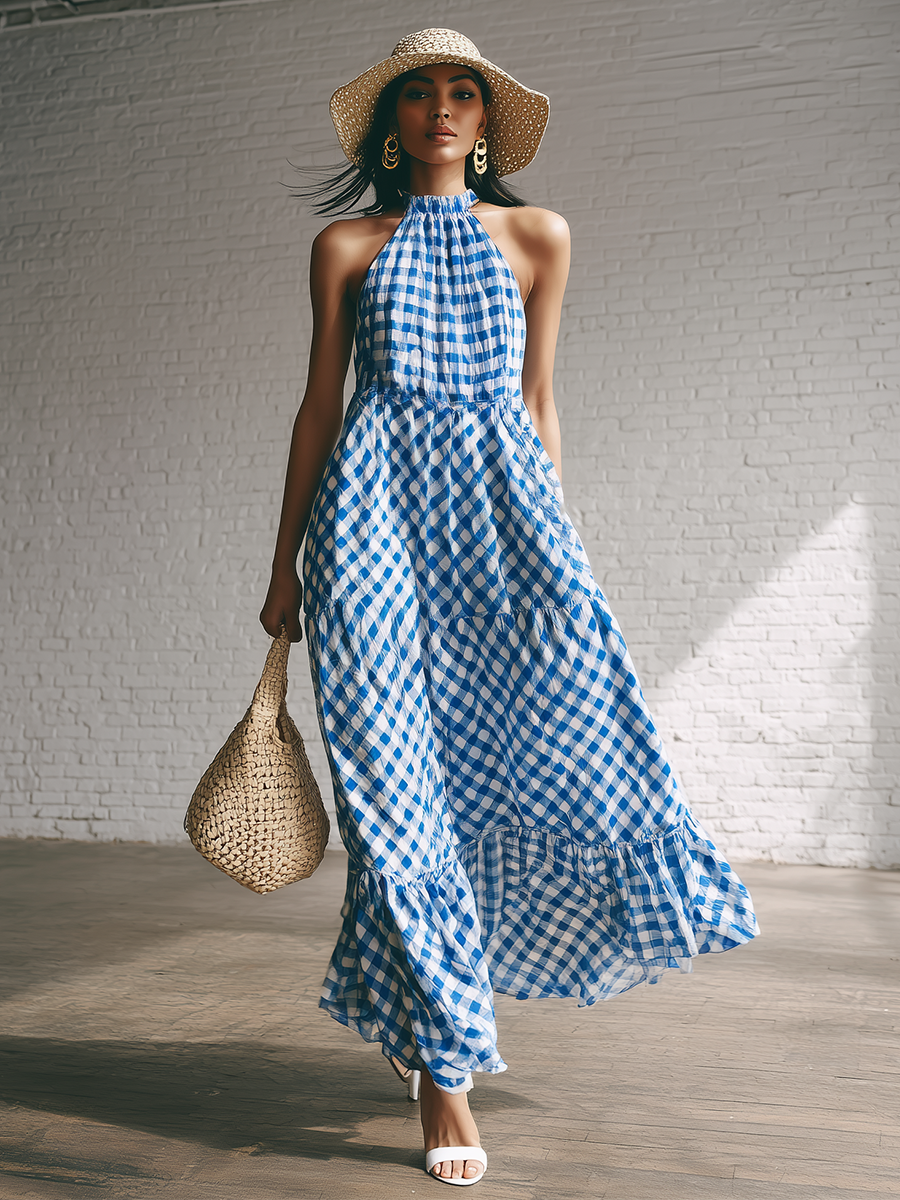 Casual And Fashionable Blue And White Checkered Chiffon Printed Sleeveless Ruffle Midi Dress