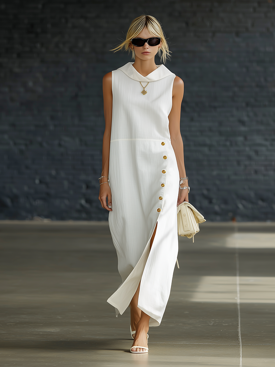 Stylish Simple Loose-fitting Sleeveless Turtleneck Side Slits Gold Buttons White Cotton Maxi Dress