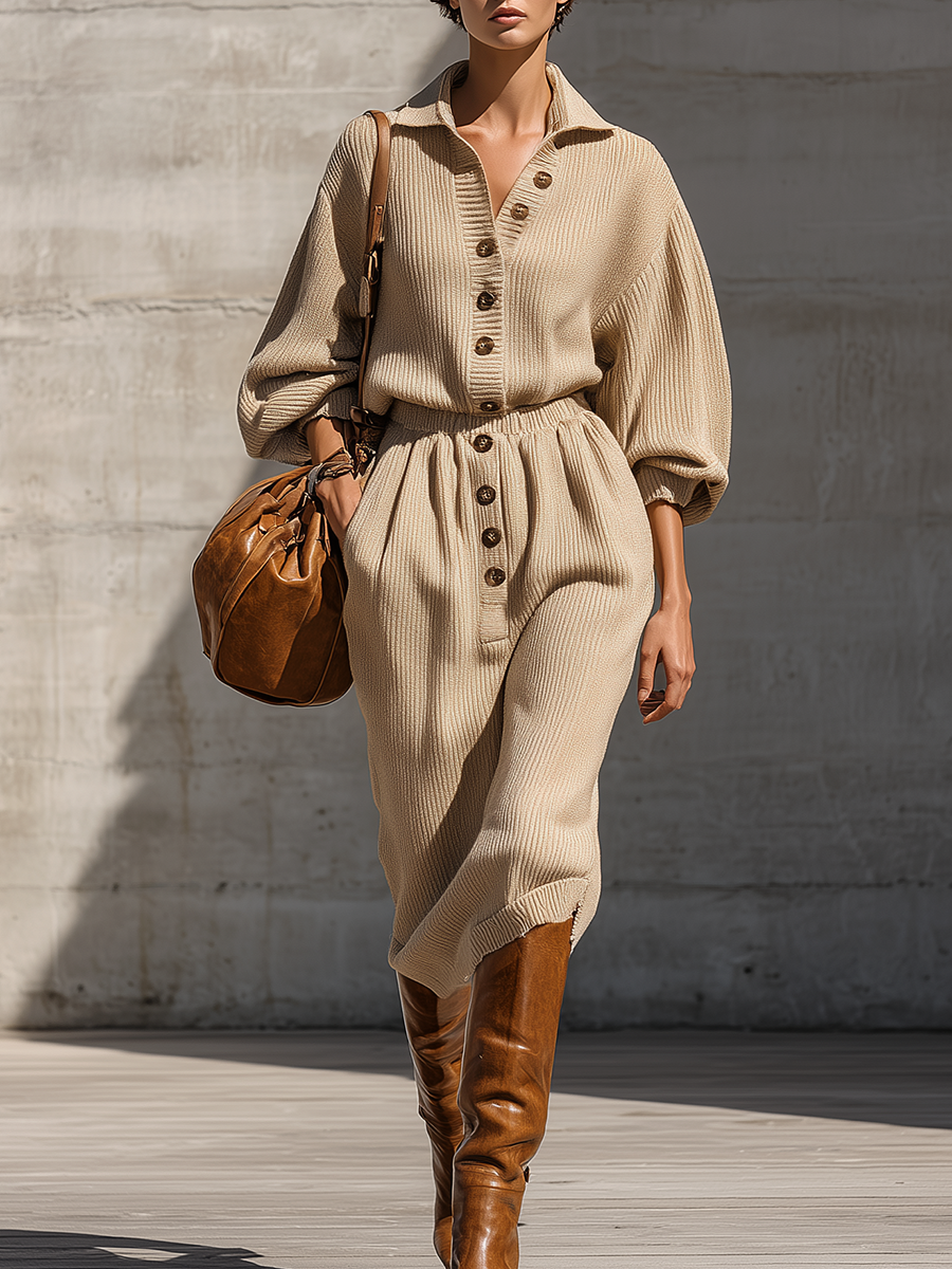 Vintage Lapel Loose Knit Midi Dress