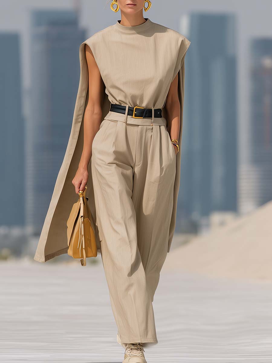 Elegant Urban Khaki Small Stand-up Collar Sleeveless Cape Top And Pants Set