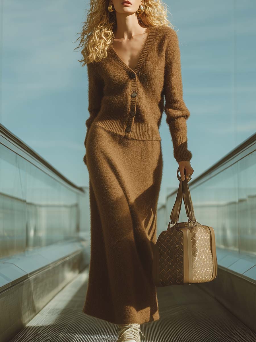 Retro All-match Urban V-neck Brown Knitted Front Button Top And Long Skirt Set