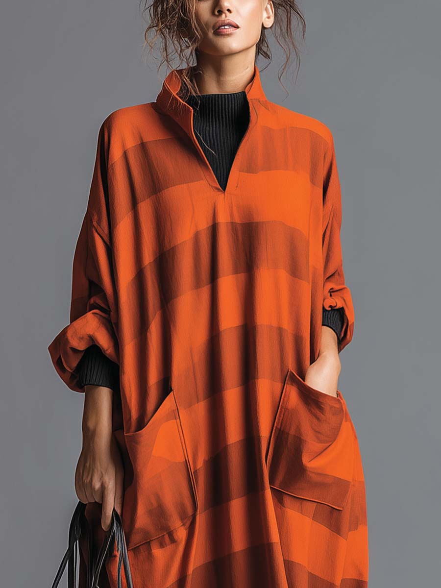 Vintage Fashion Ultra Loose V-neck Large Pockets Orange And Brown Wide Striped Maxi Dress