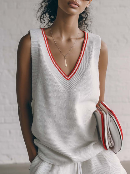 Breathable Fashion Nautical Sporty  Red Trim V-neck White Knitted Top And Shorts Set