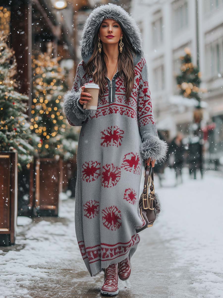 Vintage Fashion Warm Faux Fur Trim Hooded Red Pattern Gray Knitted Maxi Dress