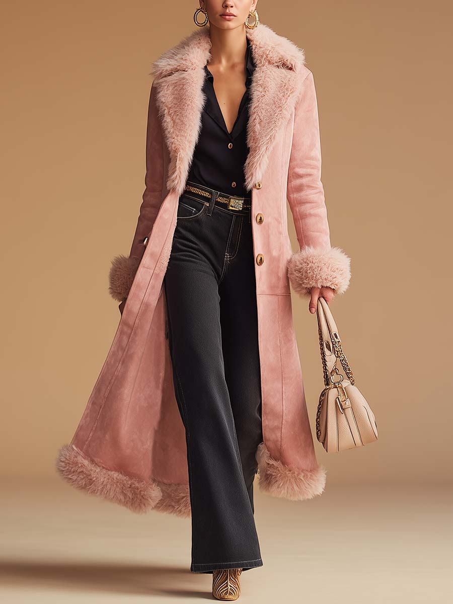 Vintage Outdoor Fashion Faux Fur Collar Pink Suede Coat