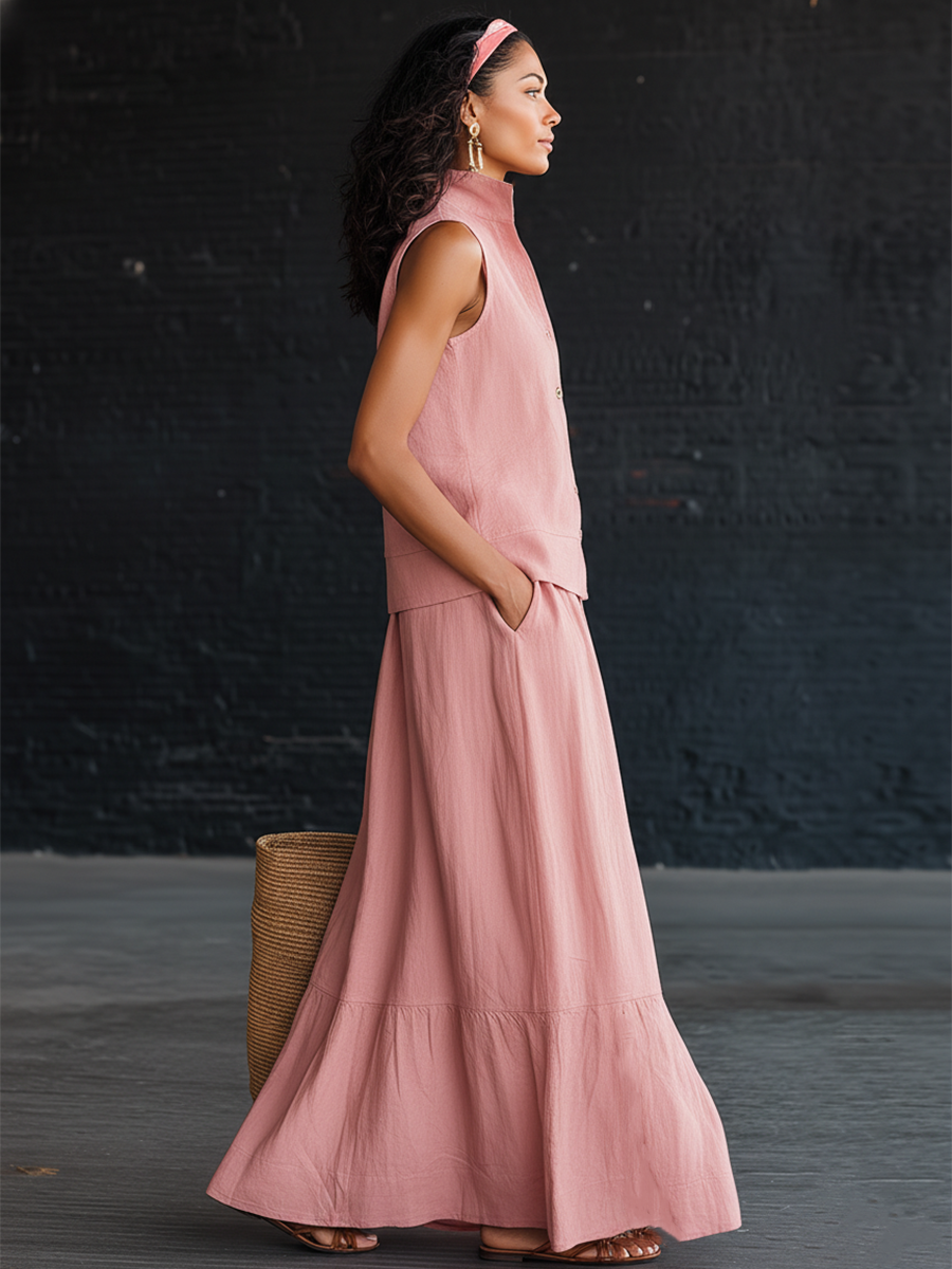 Stylish Pink Cotton And Linen Sleeveless Top With Buttons And A Matching Split Skirt Set