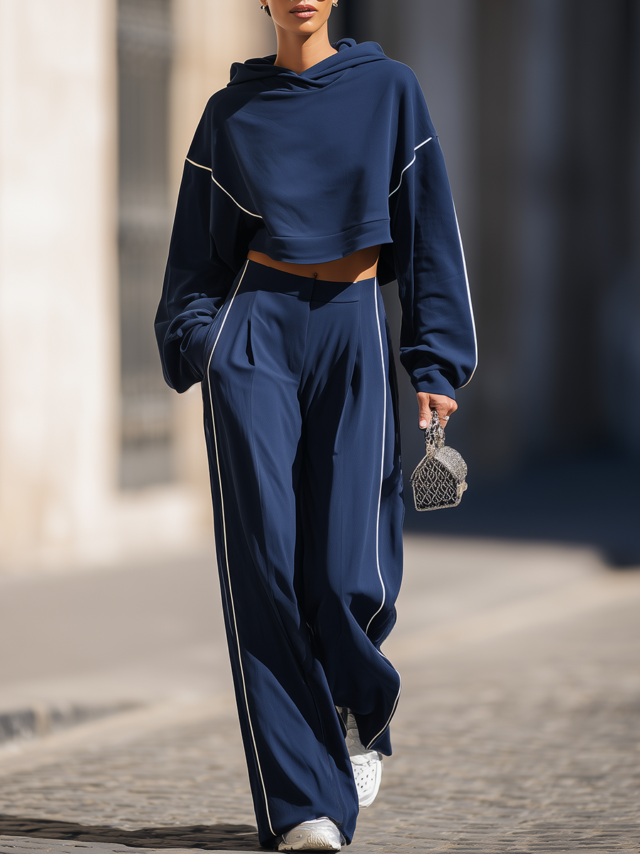 Sporty Retro Contrast Trim Hoodie And Pants Set