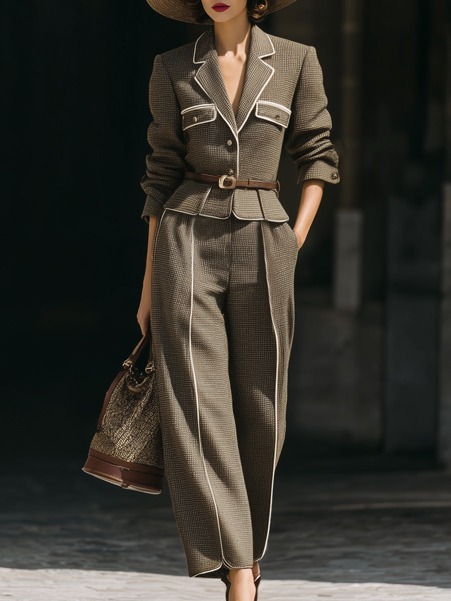 Vintage Fashion Gray-green Fine Check Notched Lapel White Trim Front Button Jacket And Pants Set