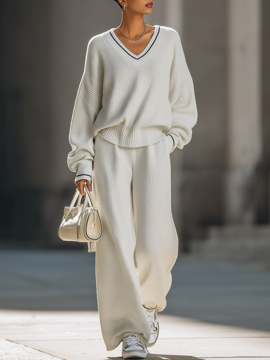 Casual Loose V-neck Sweater And Wide-leg Pants Set