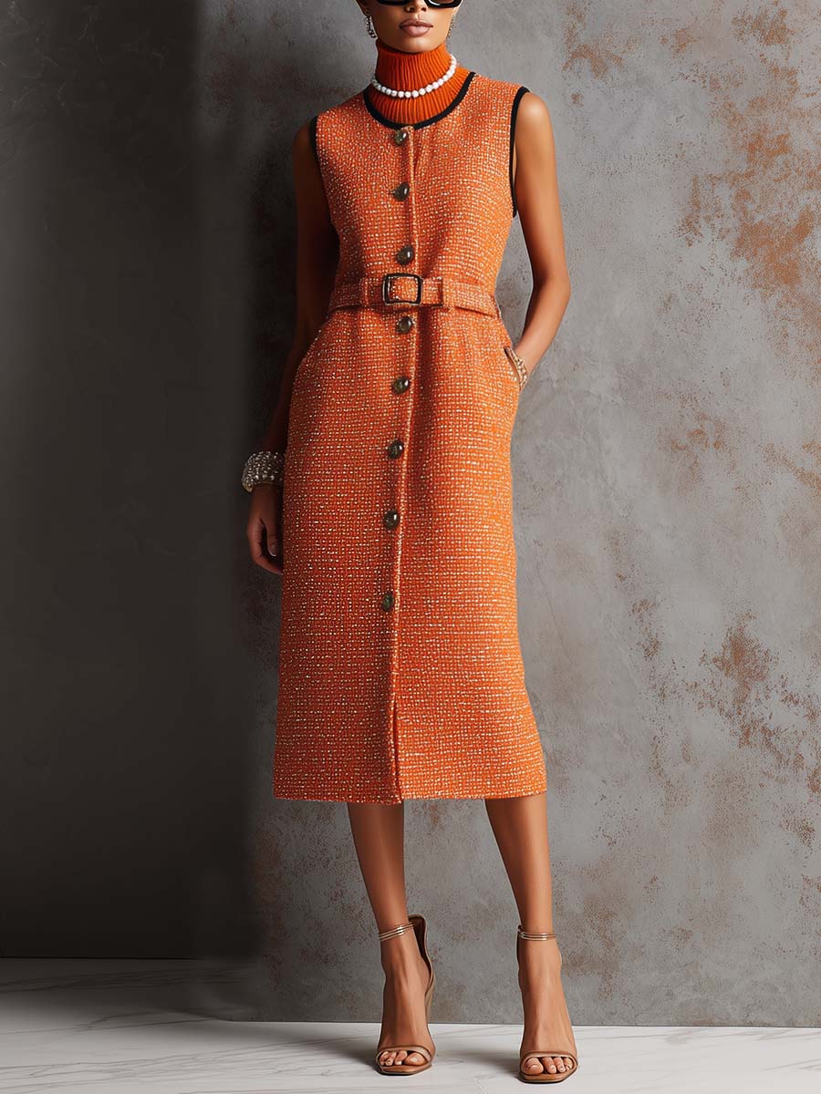 Versatile And Fashionable Round Neck Front Buckle Belt Orange Tweed Sleeveless Midi Dress