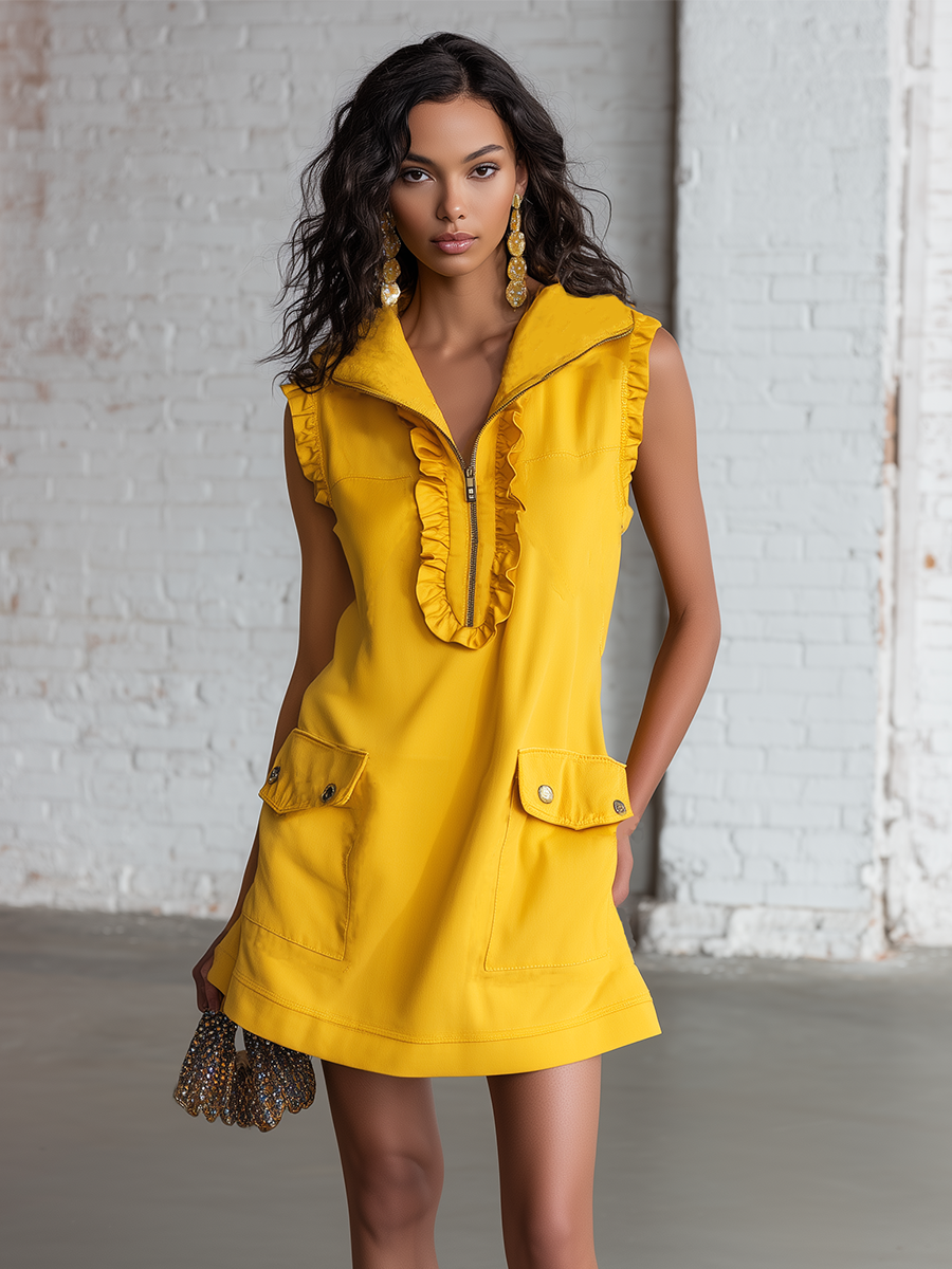 Urban Casual Sporty Style Knitted With Ruffled Hem Yellow Mini Dress