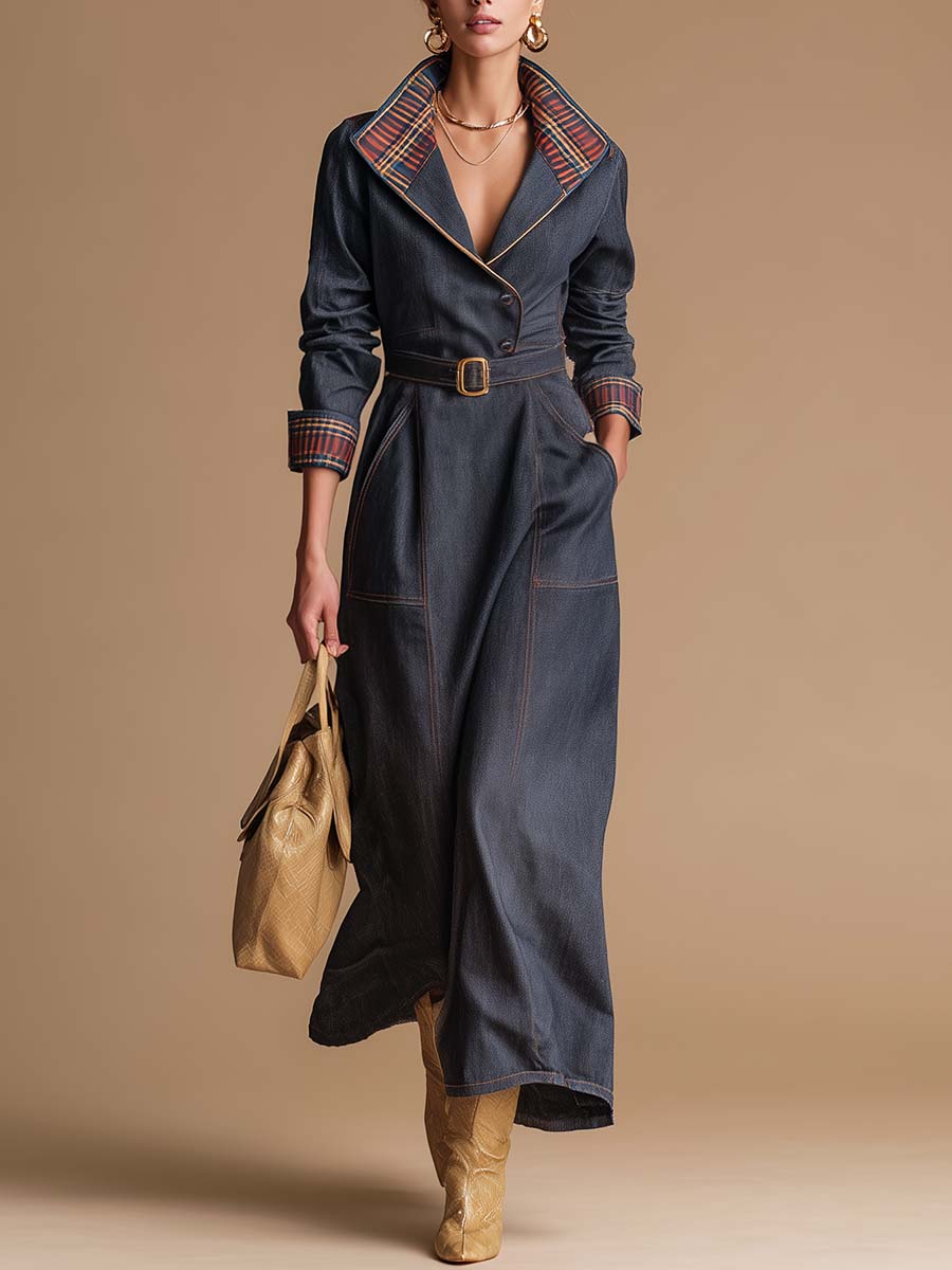 Temperamental Fashion Retro Blue And Red Plaid Large Lapel Front Button Dark Blue Denim Maxi Dress