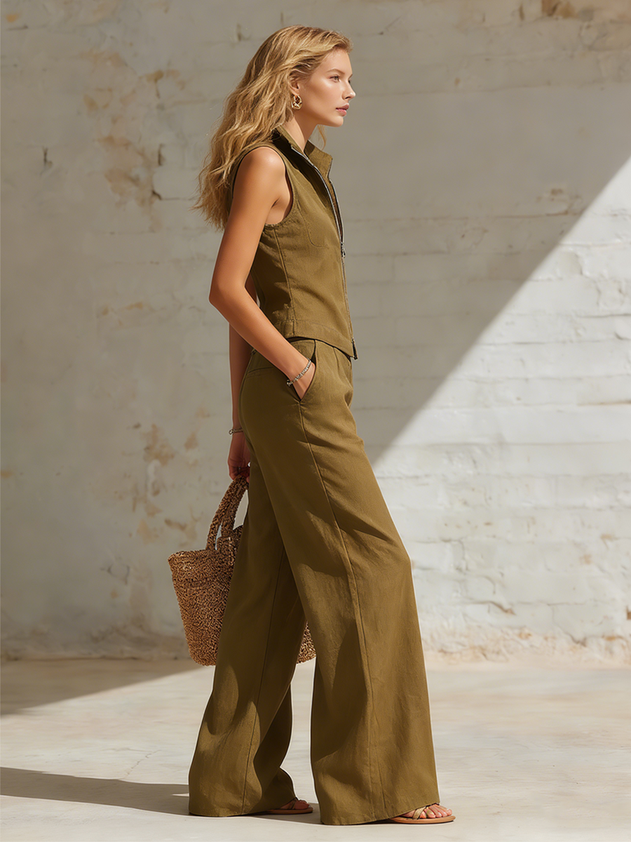 Retro Olive Green Cotton Linen Sleeveless Zip Up Top And Wide Leg Pants Set