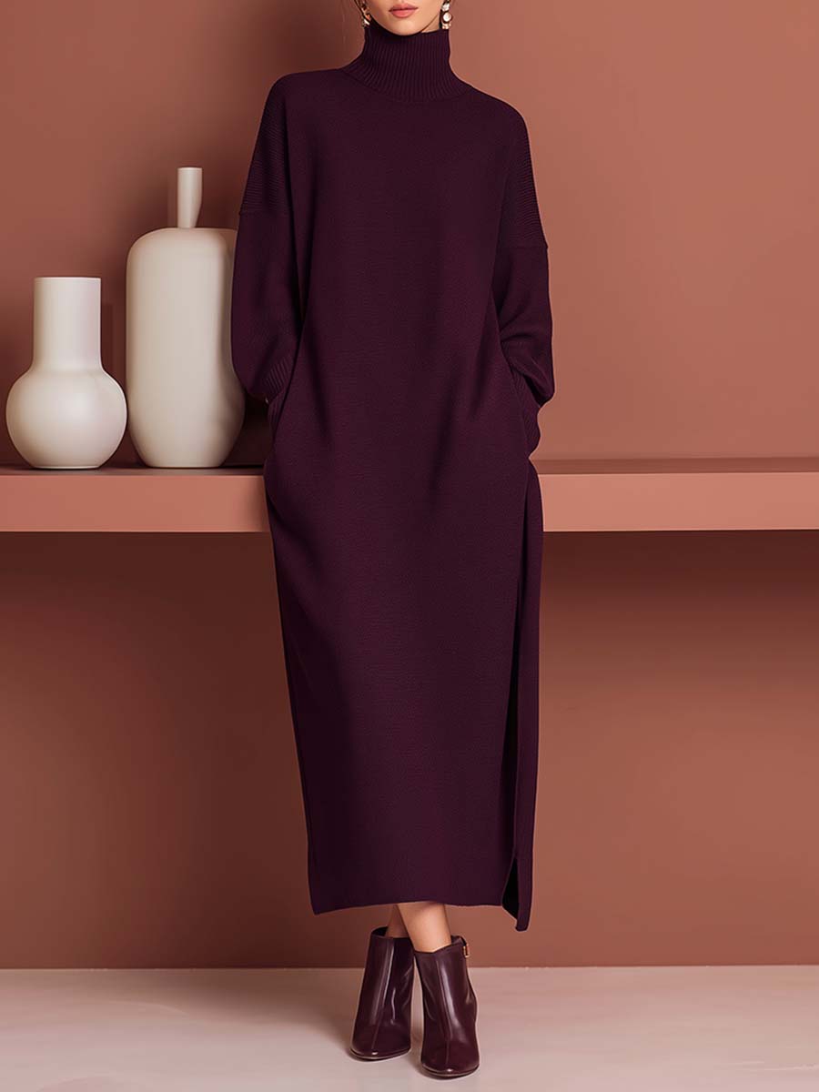 Urban Fashion Casual Simple Turtleneck Slit Purple Long Sleeve Knit Dress