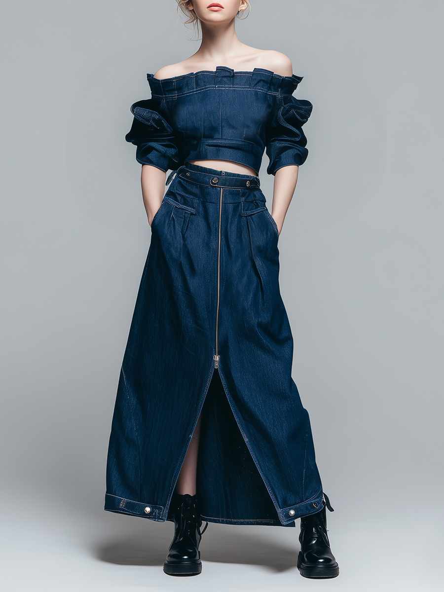 Retro-style Loose Short-sleeved Off-the-shoulder Top And Front Zipper Belt Skirt Denim Blue Set