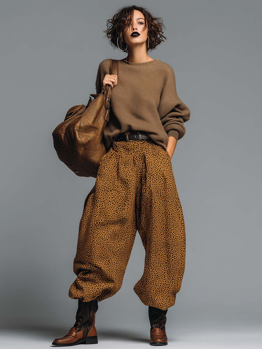 Retro Casual Brown Knitted Round Neck Pullover And Leopard Print Wide Pants Set