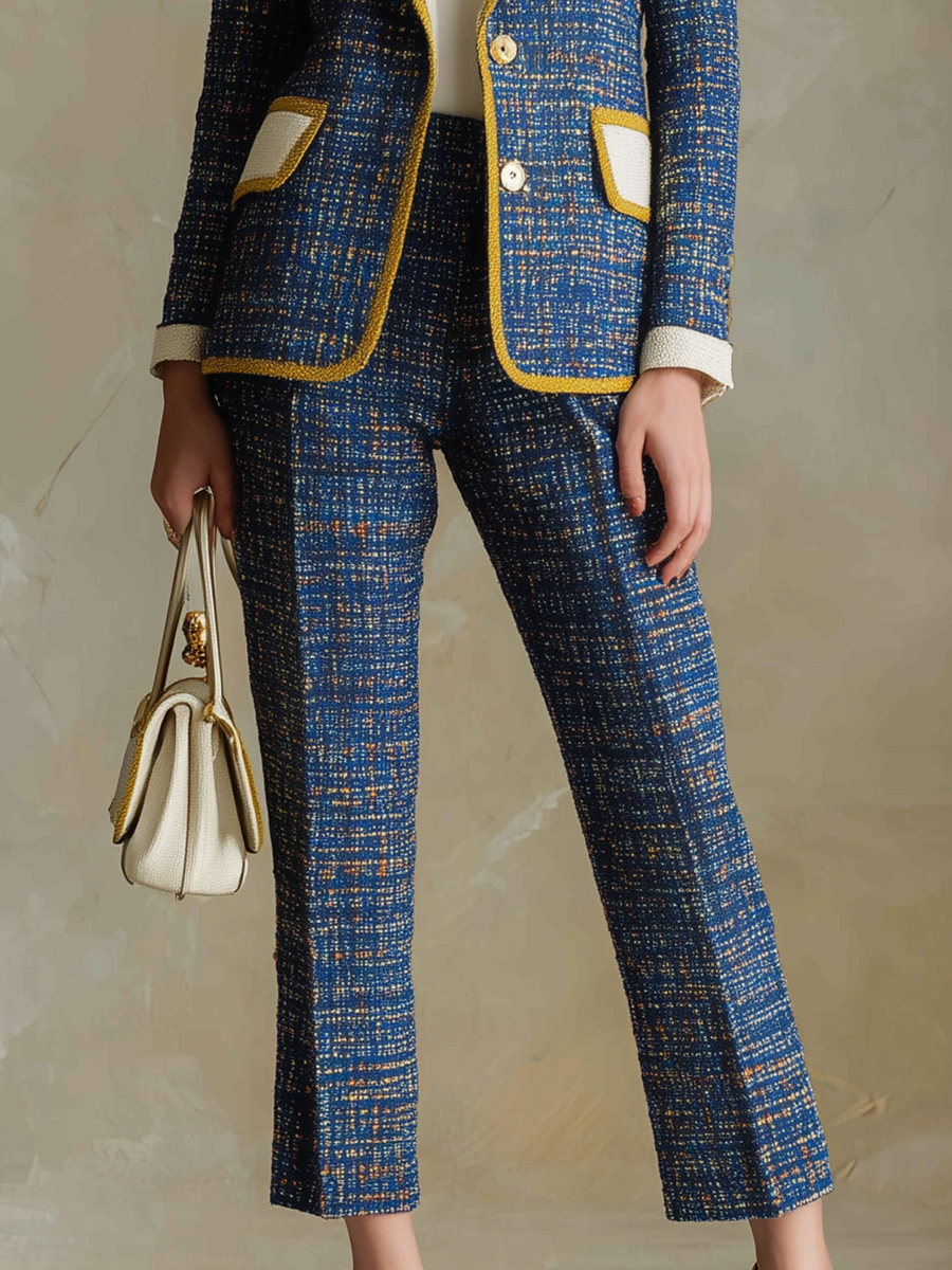 Fashionable Classic Retro Style Blue Tweed Loose Elastic Waist Pants