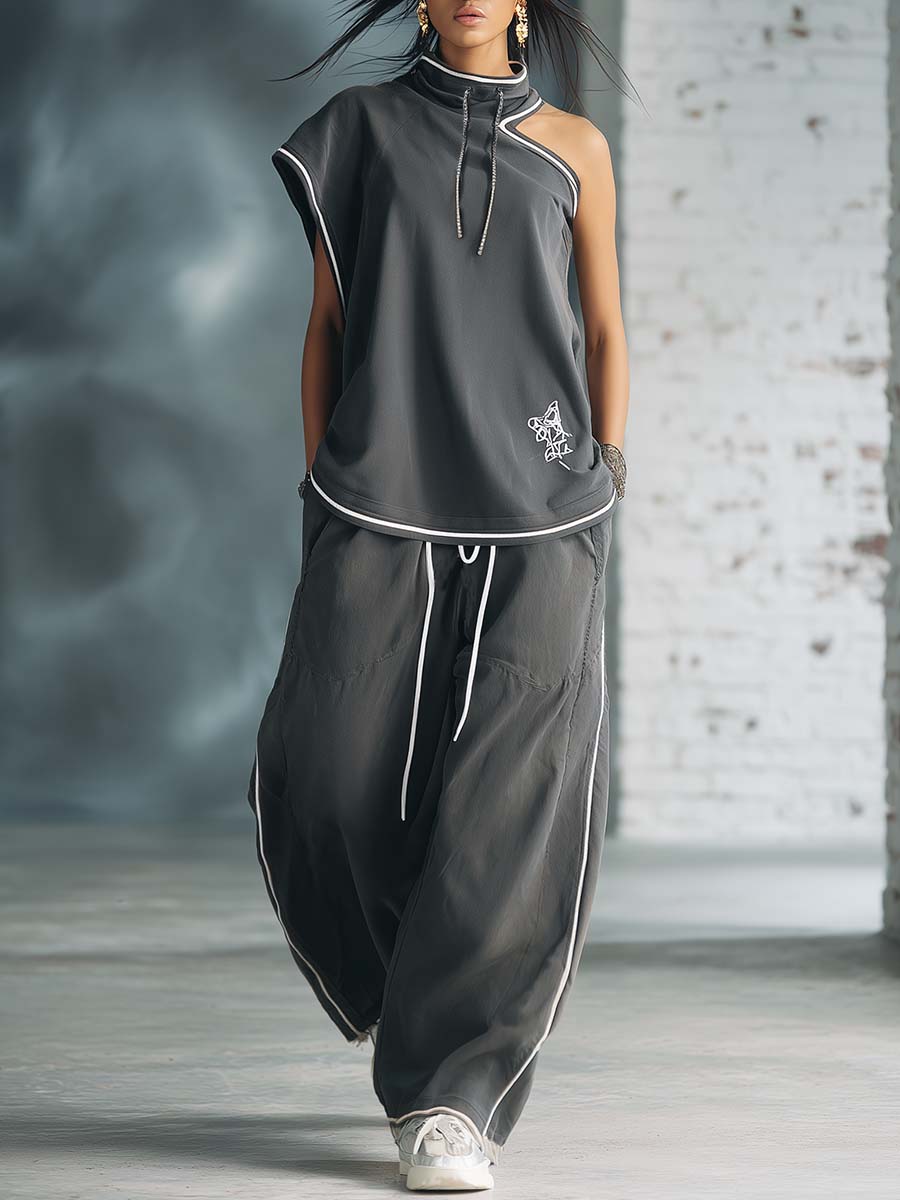 Casual Athletic Workwear Style Stand-up Collar One-shoulder Gray Cotton Top And Pants Set