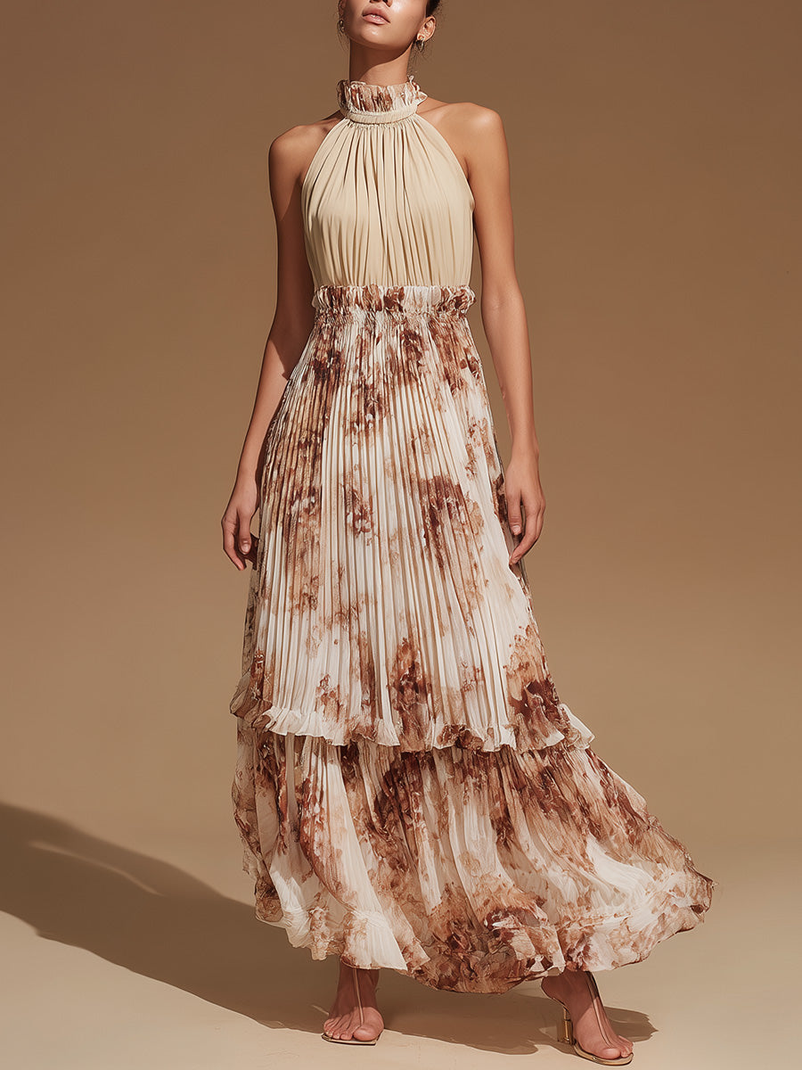 Vintage Fashion Sleeveless Halter-neck Pleated Printed Beige Maxi Dress