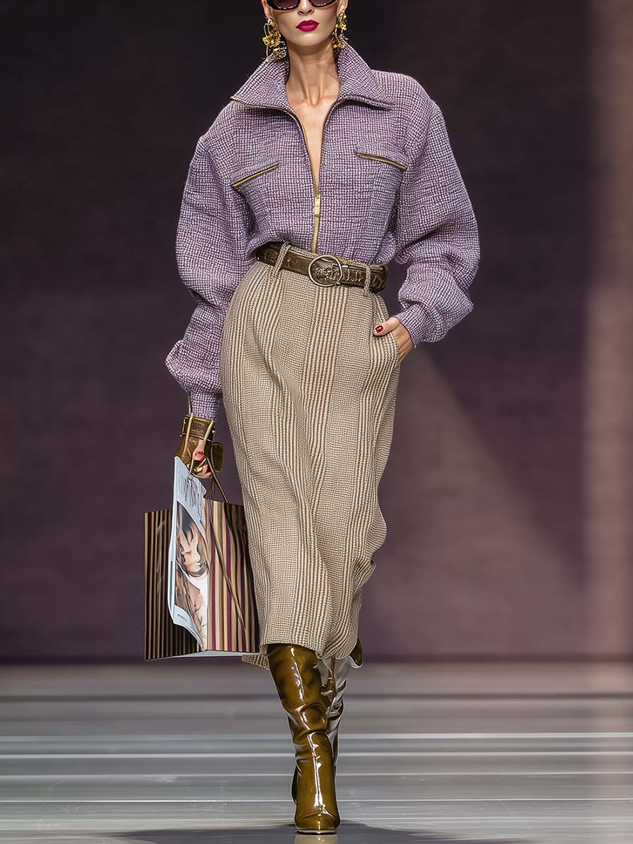 Exquisite Vintage Purple Tweed Lapel Front Zip-up Top And Beige Plaid Skirt Set
