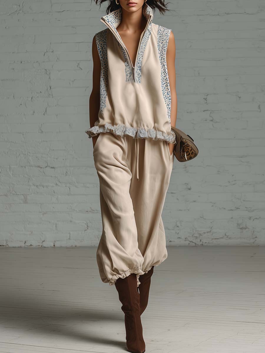 Retro Fashion Sporty Lapel Front Zipper Off-white Faux Suede Top And Shorts Set