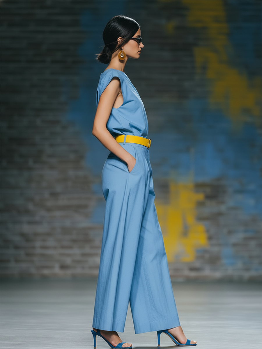 Stylish Simple Loose-fitting Short-sleeved Off-shoulder Top And Belted Wide-leg Pants Blue Cotton Set