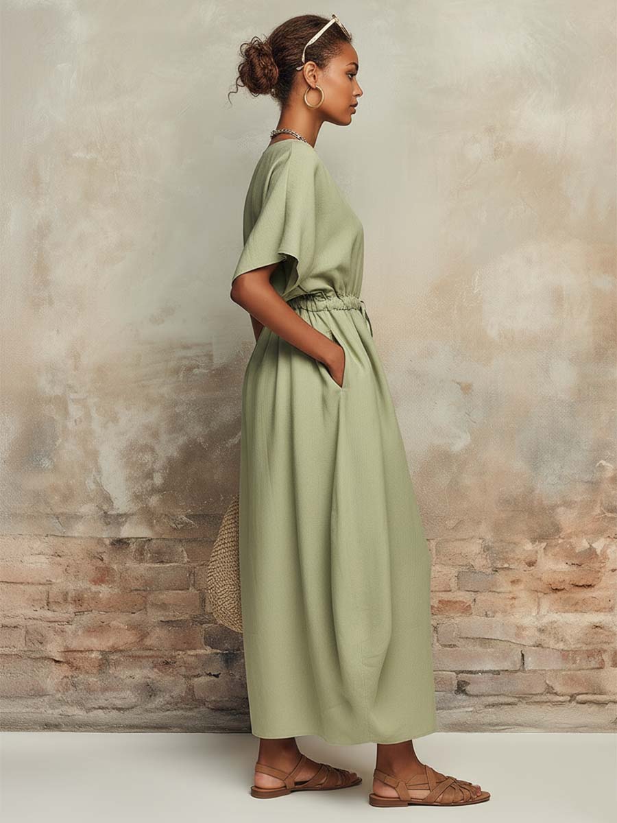 Casual Urban Round Neck Short-sleeved Light Green Cotton Linen Maxi Dress