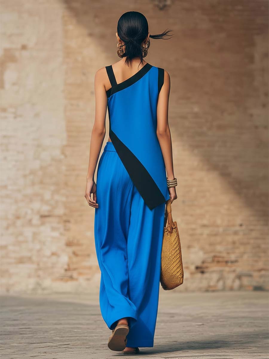 Temperament Casual Urban Black Trim Royal Blue One-shoulder Asymmetrical Top And Pants Set