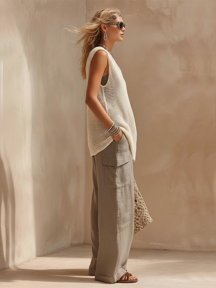 Casual Bohemian One-shoulder Openwork Knit Top And Gray Vest And Cotton Linen Pants Three-piece Set