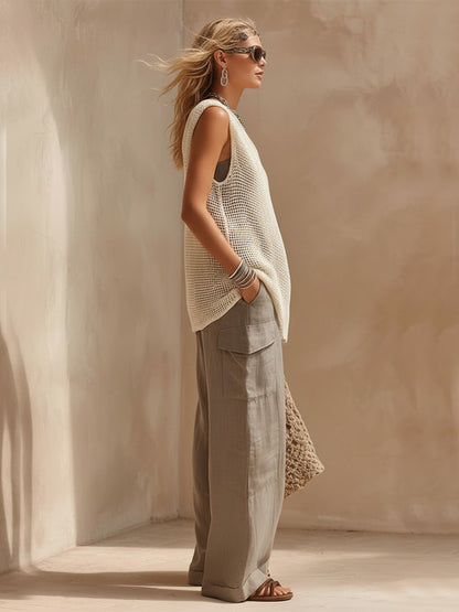 Casual Bohemian One-shoulder Openwork Knit Top And Gray Vest And Cotton Linen Pants Three-piece Set