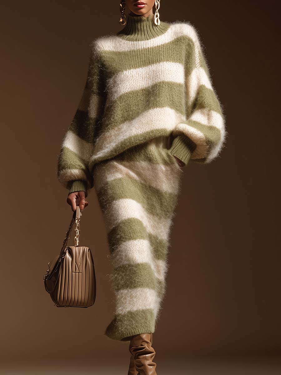Comfortable And Fashionable Green And White Contrast Knitted Sweater And Skirt Set