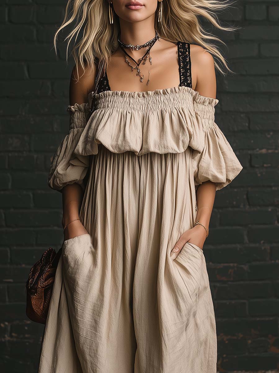 Retro Casual Off-shoulder Lace-strap Beige Cotton-linen Jumpsuit