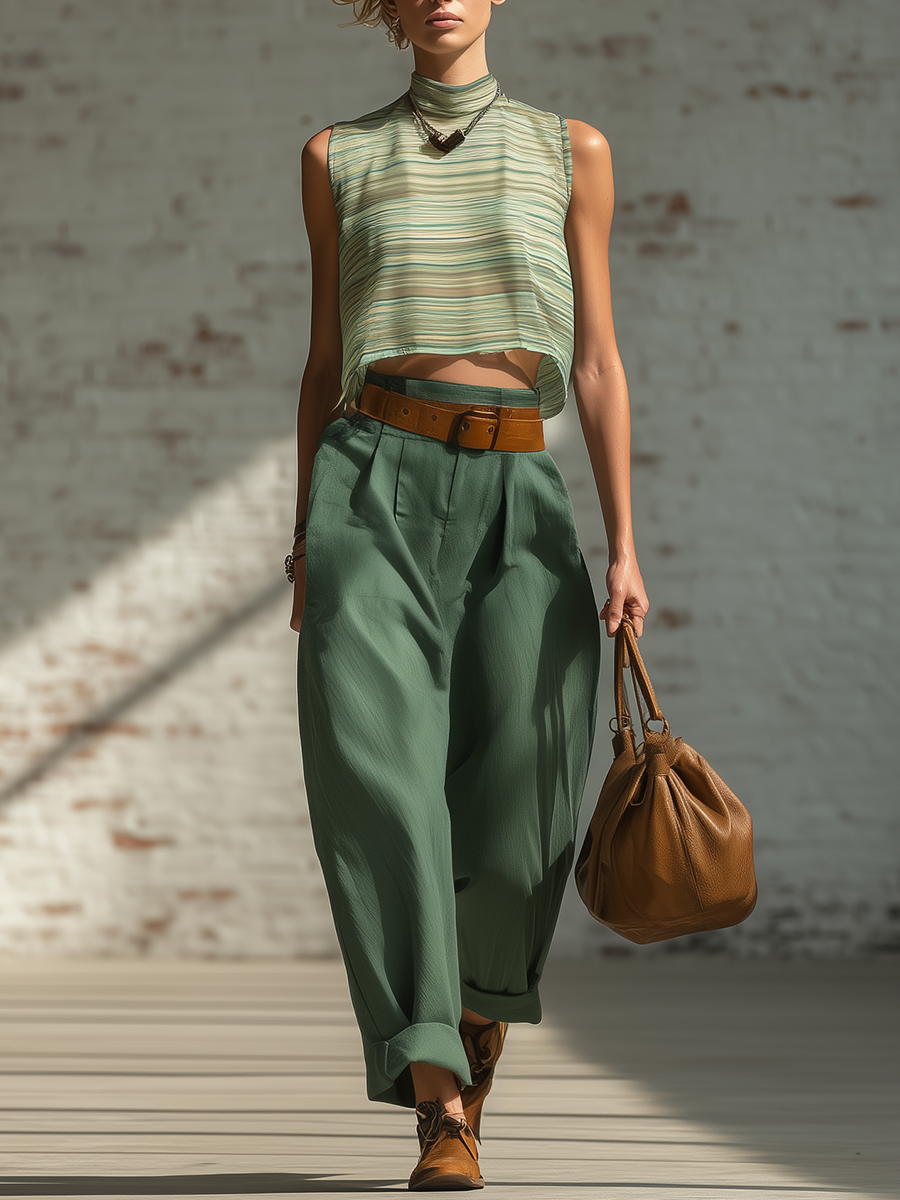 Retro-chic Loose-fitting Sleeveless Green Striped Chiffon Crop Top And Cotton Belted Trousers Set