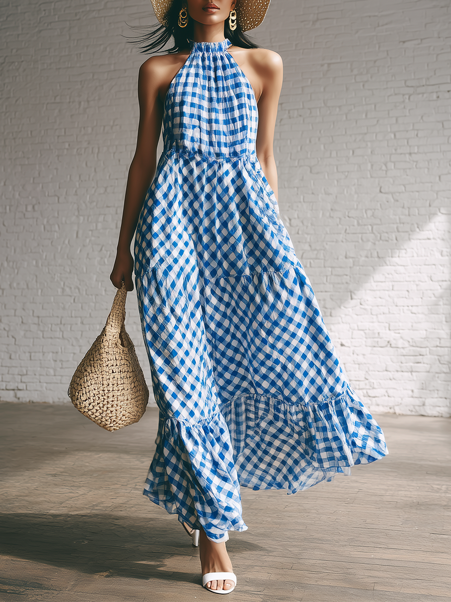 Casual And Fashionable Blue And White Checkered Chiffon Printed Sleeveless Ruffle Midi Dress