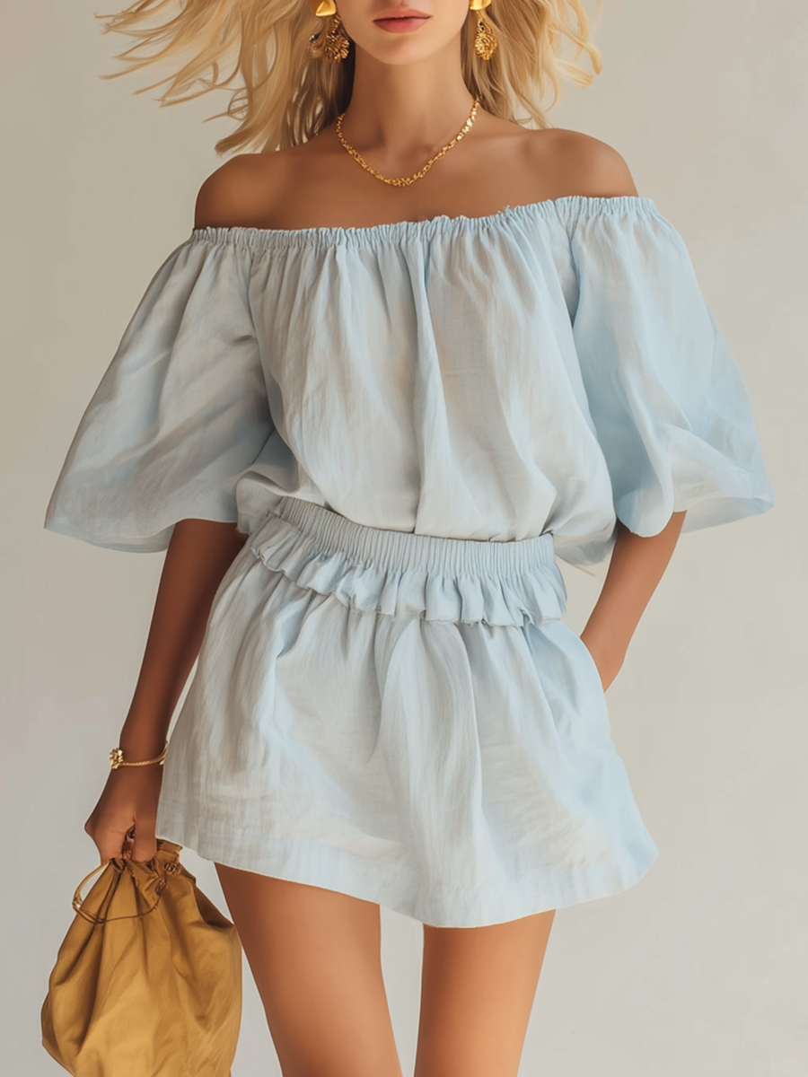 Casual Blue Cotton Linen Off Shoulder Short Sleeved Top And Skirt Set