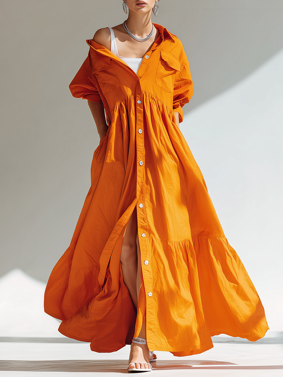 Vintage Fashion Loose-fitting Long-sleeved Front-buttoned V-neck Cotton Orange Maxi Dress