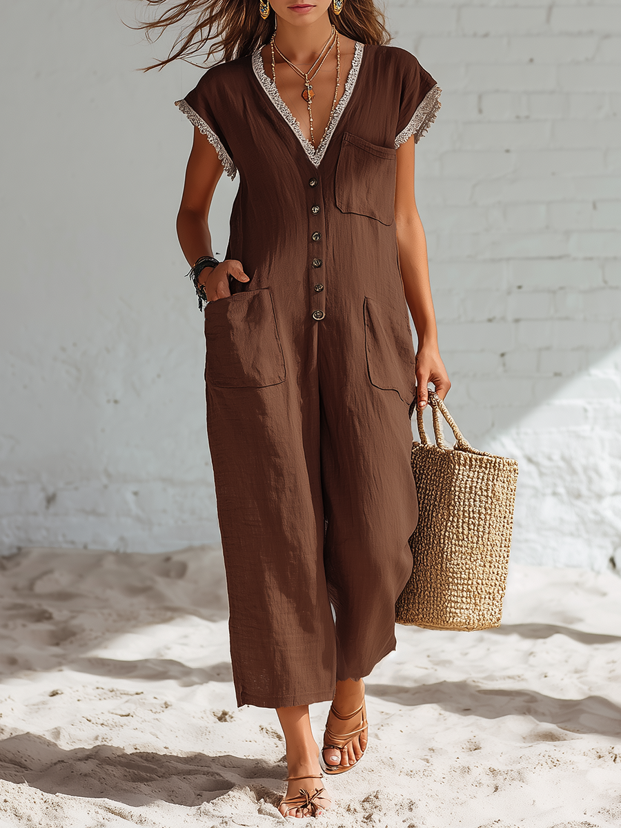 Retro Brown Cotton And Linen V-neck Short Sleeved Wide Leg With Lace Detailing Jumpsuit