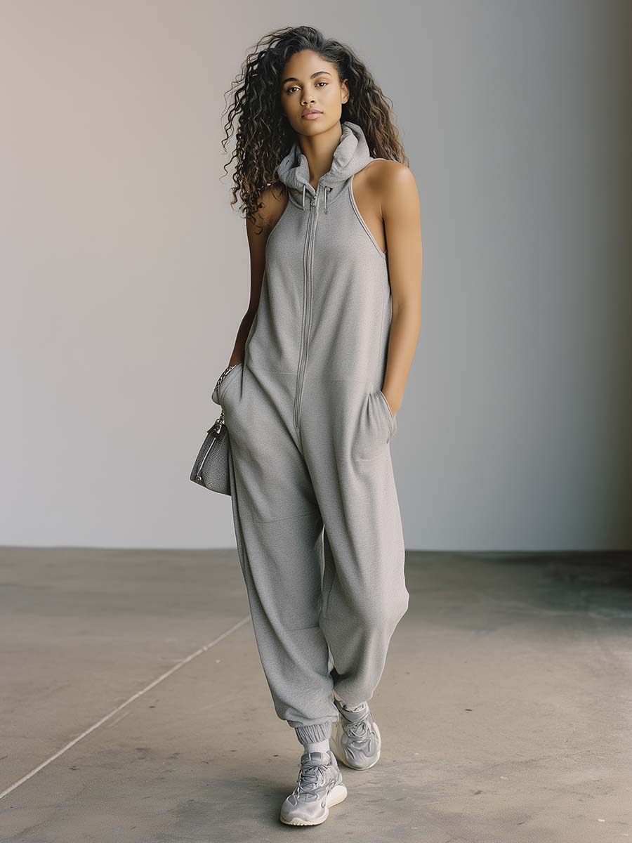 Retro Casual Sporty Hooded Front-zip Sleeveless Gray Cotton Jumpsuit