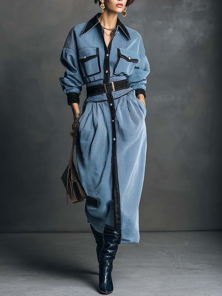 Retro Fashion Handsome Black Trim Front Button Light Blue Corduroy Midi Dress