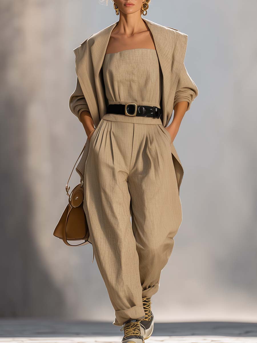Temperament And Fashion Khaki Off-the-shoulder Belted Jumpsuit And Outerwear Set