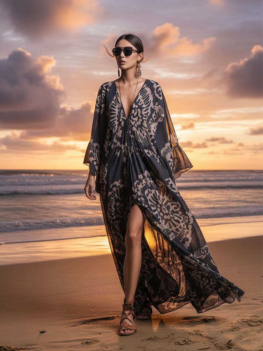 Elegant And Flowing Retro Print V-neck Dark Blue Chiffon Slit Maxi Dress