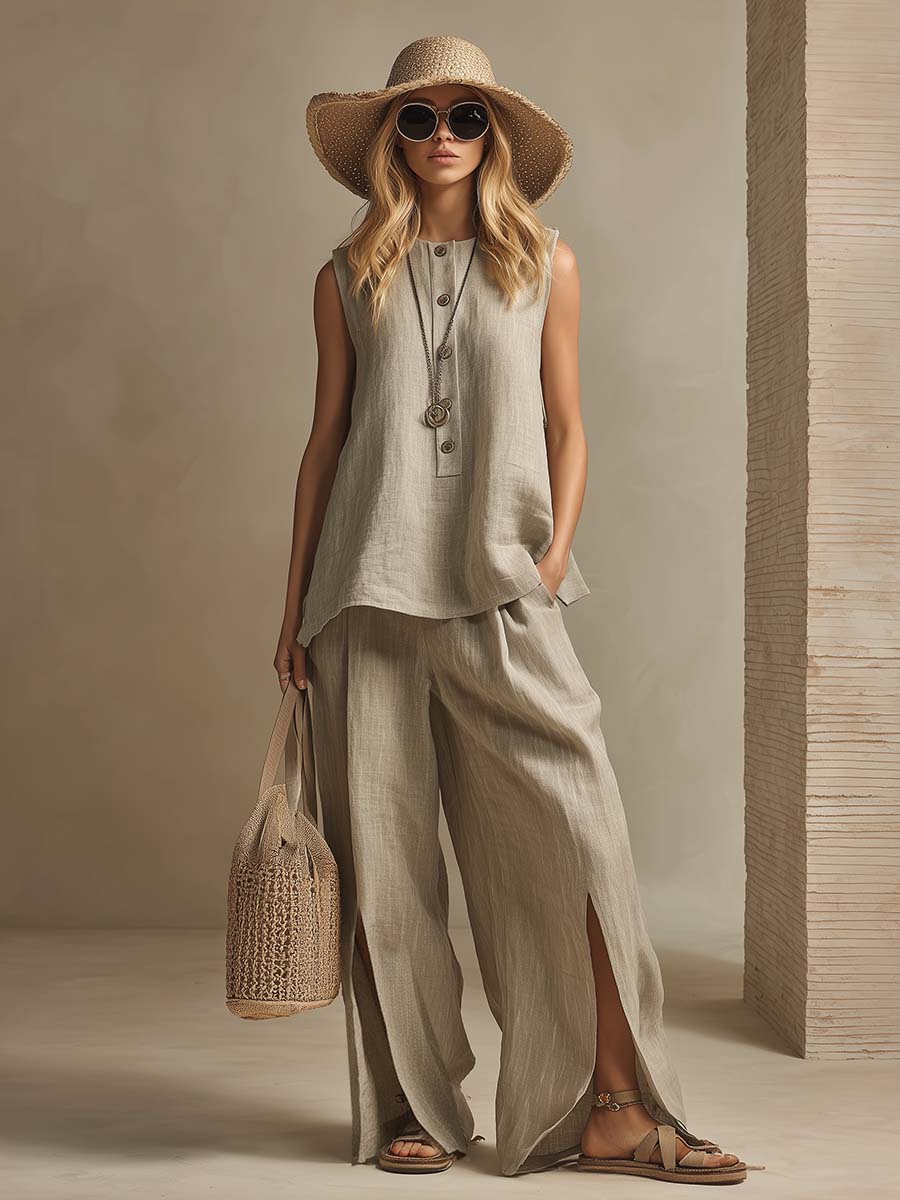 Retro Casual Beige Cotton Linen Round Neck Button-down Top And Slit Pants Set